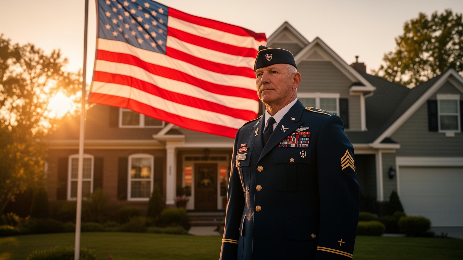 A proud American veteran standing in front of a home and the U.S. flag